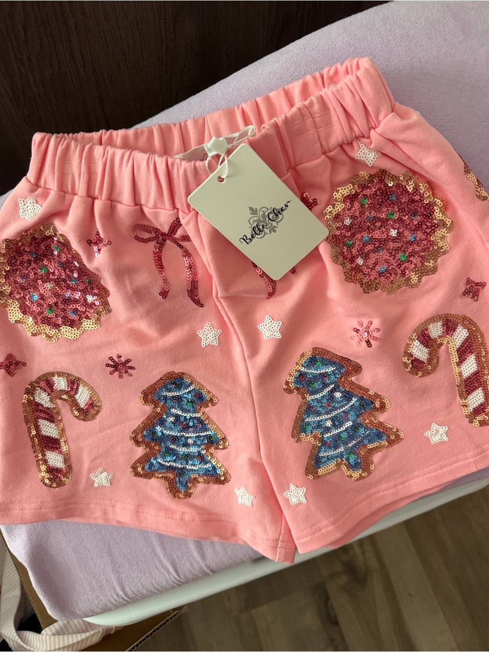 Sequin Holiday Motif Kids Shorts - Pink